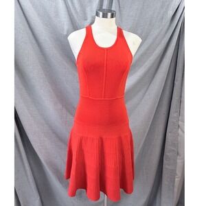 Milly Orange Red Ribbed Stretch Knit Halter Fit Flare Dress S Designer Wedding